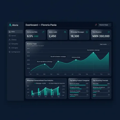 Dashboard Aloria — Florería Paola: métricas de conversión, leads activos, revenue trend y canales de adquisición (datos ilustrativos)
